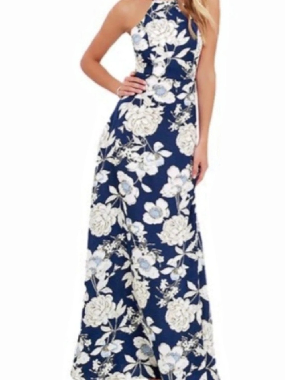 Blue and White Floral Print Halter Maxi Dress